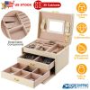 Jewelry Case Organizer 3-layer Lockable Travel Jewelry Box PU Leather Storage Display Case with Mirror Protective for Bracelets Earrings Rings Necklac