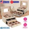Jewelry Case Organizer 3-layer Lockable Travel Jewelry Box PU Leather Storage Display Case with Mirror Protective for Bracelets Earrings Rings Necklac
