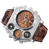 Men’s Quartz Watch Two Time Zone Big Face Military Style Compass Thermometer Decorative Dial PU Leather Strap