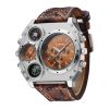 Men’s Quartz Watch Two Time Zone Big Face Military Style Compass Thermometer Decorative Dial PU Leather Strap