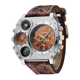 Men’s Quartz Watch Two Time Zone Big Face Military Style Compass Thermometer Decorative Dial PU Leather Strap