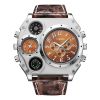 Men’s Quartz Watch Two Time Zone Big Face Military Style Compass Thermometer Decorative Dial PU Leather Strap