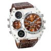 Men’s Quartz Watch Two Time Zone Big Face Military Style Compass Thermometer Decorative Dial PU Leather Strap