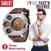 Men’s Quartz Watch Two Time Zone Big Face Military Style Compass Thermometer Decorative Dial PU Leather Strap
