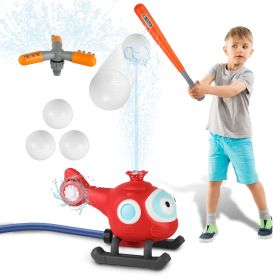 2 In 1 Water Sprinkler Baseball Helicopter Toy for Kids 360°Rotating Water Tee Ball Set for Backyard Lawn Pool Party Outdoor Summer Game for 3+ Years