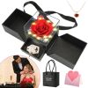 Preserved Red Real Rose with Heart Necklace Eternal Flowers Rose with Golden Necklace Gifts for Women Mom Wife Girlfriend Grandma on Valentine Mother