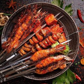 50Pcs 14" Kabob Skewers for Grilling with Push Bar Double Pronged Anti-Roll Flat BBQ Skewers for Grilling Stainless Steel Reusable Kebab Skewers