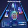 90W 3 Ports Fast Charge Car Charger QC3.0 PD3.0 USB Type-C LT Car Cigarette Lighter with Colorful Light Fit for IOS Phone iPad Samsung Goggle Pixel