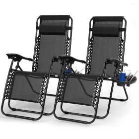 2Packs Zero Gravity Lounge Chair w/ Dual Side Tray 330lbs Load Foldable Recliner Chair w/ Stress Relief Pillow Patio Poolside Beach Lying Chair (Option: Tool2ZeroGravityChairs Black)