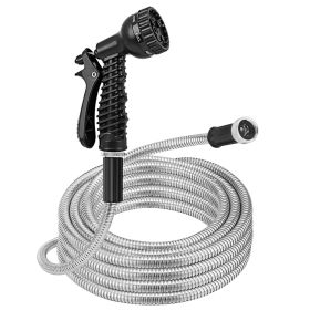 25FT/50FT/100FT Heavy Duty Stainless Steel Garden Hose Garden Watering Kit Metal Water Hose with 2 Nozzles 12 Patterns Flexible Extendable Kink Tangle (Option: MetalWaterHose 25FT)