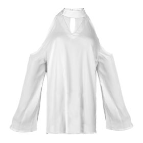 Women\'s Sexy Off The Shoulder Blouses Cold Shoulder Tops V-Neck Long Sleeve T-Shirt Solid Color Summer (Option: VNeckTshirt MWhite)
