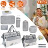 11Pcs Baby Nappy Diaper Bags Set for Mom Dad Mummy Shoulder Bags Multifunctional Diaper Handbags with Food Bag Bottle Bag Diaper Pad Burp Cloth 2 Hook