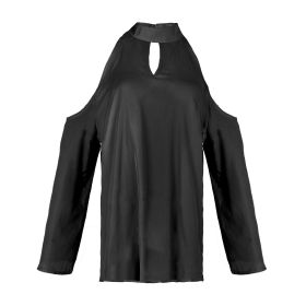 Women\'s Sexy Off The Shoulder Blouses Cold Shoulder Tops V-Neck Long Sleeve T-Shirt Solid Color Summer (Option: VNeckTshirt MBlack)