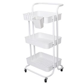3 Tier Rolling Utility Cart Movable Storage Organizer with Mesh Baskets Lockable Wheels 360 Degree Rotatable Hanging Box Hooks Bedroom Bathroom Kitche (Option: Cart 3TierWhite)