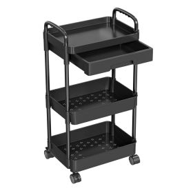 3 Tier Rolling Utility Cart Movable Storage Organizer with Drawer Lockable Wheels 360 Degree Rotatable Hallow Design for Bedroom Bathroom Kitchen (Option: RollCart Black3Tier)