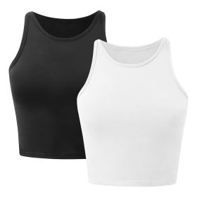 Women Sleeveless Cropped Tank Top High Neck Crop Racer Back Workout Top Machine Washable Summer S M L XL 2XL (Option: TankTop BlackWHTS)