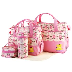 5PCS Baby Nappy Diaper Bags Set Mummy Diaper Shoulder Bags w/ Nappy Changing Pad Insulated Pockets Travel Tote Bags For Mom Dad (Option: BabyBappyBag5PCSet Pink)