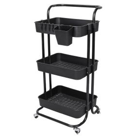 3 Tier Rolling Utility Cart Movable Storage Organizer with Mesh Baskets Lockable Wheels 360 Degree Rotatable Hanging Box Hooks Bedroom Bathroom Kitche (Option: Cart 3TierBlack)