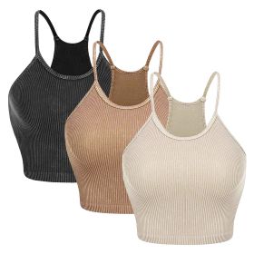 3 Pack Women Crop Basic Tank Top Ribbed Knit Sleeveless Round Neck 9 Color Machine Wash Summer Crop S to XL (Option: Crop DGRYKhaBeigeM)