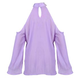 Women\'s Sexy Off The Shoulder Blouses Cold Shoulder Tops V-Neck Long Sleeve T-Shirt Solid Color Summer (Option: VNeckTshirt LPurple)