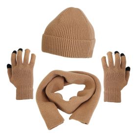 Winter Knitted Hat Scarf Gloves 3Pcs Winter Warm Beanie and Touch Screen Gloves Long Neck Scarf Set Knit Beanie Skull Cap Neck Warmer Anti-Slip Mitten (Option: HatScarfGloves Khaki)