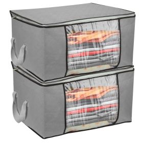 2Pcs Clothes Storage Bag 90L Large Capacity Foldable Closet Organizer w/ Thick Fabric Clear Window Dual-Zipper for Clothes Comforters Blankets Bedding (Option: 2PcsStorageBag Grey)