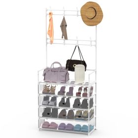5-Tier Dustproof Entryway Hall Tree Coat Rack Shoe Rack With 8 Removable Hooks Freestanding Shoe Storage Shelf Hat Clothes Organizer For Front Door Be (Option: ShoeRack 5TierWhite)
