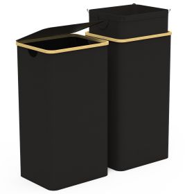2Pcs Collapsible Laundry Hamper with Lid Handle 100L/26.4Gal Capacity Vertical Laundry Basket Foldable Bamboo Basket Dirty Clothes Organizer with Inne (Option: 2PcLaundryBasket Black)