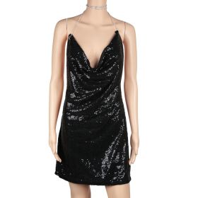 Sexy Women Chain Choker Side Slit Backless Slip Dress With Sequins (Option: GiftBacklessDress BLKS)