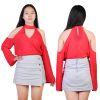 Women\'s Sexy Off The Shoulder Blouses Cold Shoulder Tops V-Neck Long Sleeve T-Shirt Solid Color Summer