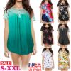 Women Summer Shirts Tops Loose Short Sleeve T Shirts Casual Floral Printed Button Shirts Blouse S-XXL
