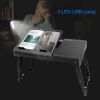 Foldable Laptop Table Bed Notebook Desk w/Cooling Fan Mouse Board LED light 4 x USB Ports Breakfast Snacking Tray with Storage Groove For Home Office