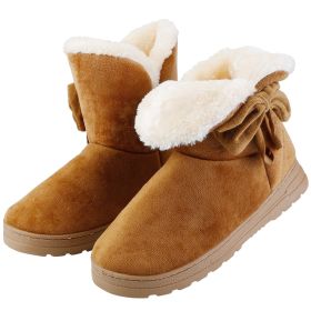 Women Ladies Snow Boots Super Soft Fabric Mid-Calf Winter Shoes Thickened Plush Warm Lining Shoes w/ Anti-slip Rubber Base Bowknot (Option: GiftWomenBowtieSnowBoot Brown102621)