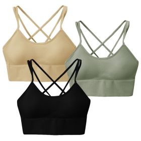 3Packs Women Cross Back Sport Bras Padded Strappy Medium Support Bras Sexy Fitness Tank Tops with Removable Pads for Gym Yoga Workout Running (Option: Bra GNBKBGEL)