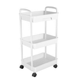 3 Tier Rolling Utility Cart Movable Storage Organizer with Drawer Lockable Wheels 360 Degree Rotatable Hallow Design for Bedroom Bathroom Kitchen (Option: RollCart White3Tier)
