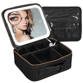 Travel Makeup Bag with LED Mirror Makeup Case Organizer with 3 Light Colors Adjustable Dividers Brush Holder Magnifying Mirror Dimmable USB Rechargeab (Option: MakeupBag SBlack)