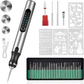 Electric Engraving Pen with 33Pcs Burr Bits 5Pcs Stencils 3 Gears Speed Rechargeable Cordless Professional Engraver Etching Machine For Jewelry Glass (Option: EngravingPen Silver)
