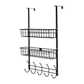 Over The Door Hooks Organizer Door Towel Rack Hanger 5 Hooks with 2 Metal Baskets for Bathroom Bedroom Kitchen Storage Shelf (Option: DoorHanger Black)