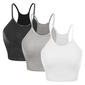 3 Pack Women Crop Basic Tank Top Ribbed Knit Sleeveless Round Neck 9 Color Machine Wash Summer Crop S to XL (Option: Crop BLKWHTLGRYL)
