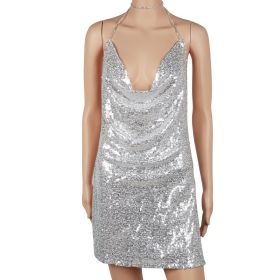 Sexy Women Chain Choker Side Slit Backless Slip Dress With Sequins (Option: GiftBacklessDress SLVM)