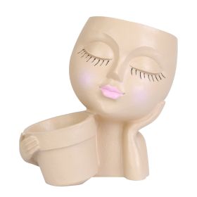 Girl Face Planter Pot Dual Opening Flower Pot With Drainage Hole Lady Head Resin Plant Pot For Succulent Cactus Indoor Outdoor (Option: FacePlanter Khaki)