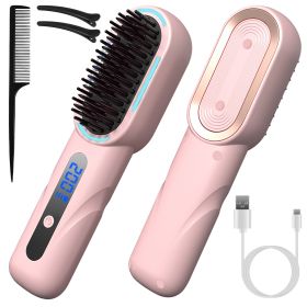 Cordless Hair Straightener Brush Rechargeable Mini Styling Comb with 4 Heating Levels Blue Light Sterilization Single press Stray Hair Removal 20Mins (Option: StraightenerBrush Pink)