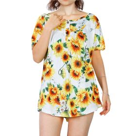 Women Summer Shirts Tops Loose Short Sleeve T Shirts Casual Floral Printed Button Shirts Blouse S-XXL (Option: TShirt MYellow)