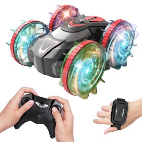 2 In 1 Amphibious RC Car Waterproof Stunt Car with Wrist Controller 4WD 360° Rotating Gesture Car with RGB Lights for Kids Aged 6+ Years Old Double-si (Option: RCCar Red)