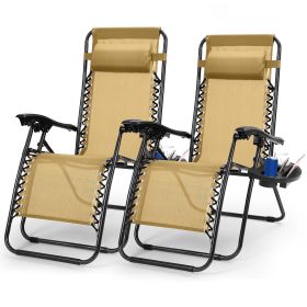 2Packs Zero Gravity Lounge Chair w/ Dual Side Tray 330lbs Load Foldable Recliner Chair w/ Stress Relief Pillow Patio Poolside Beach Lying Chair (Option: Tool2ZeroGravityChairs Tan)