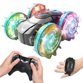 2 In 1 Amphibious RC Car Waterproof Stunt Car with Wrist Controller 4WD 360° Rotating Gesture Car with RGB Lights for Kids Aged 6+ Years Old Double-si (Option: RCCar Blue)