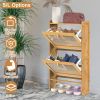 2-Tier Shoe Cabinet with 2 Flip Drawers Slim Bamboo Shoe Rack Freestanding Narrow Shoe Organizer with 44lbs Max Load for Entryway Hallway