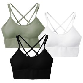3Packs Women Cross Back Sport Bras Padded Strappy Medium Support Bras Sexy Fitness Tank Tops with Removable Pads for Gym Yoga Workout Running (Option: Bra GNBKWHS)